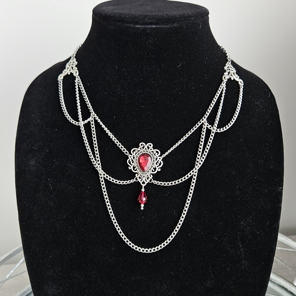 Handmade Stainless Steel Necklace with Red Glass Bead